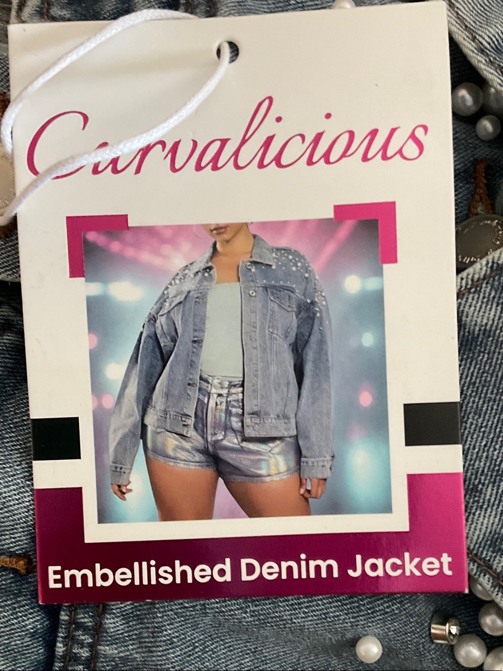 Curvalicious Pearl Embellished Denim Jean Jacket Plus Size 3X , P2P 27” NWT - Picture 5 of 6